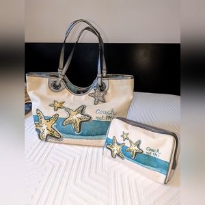 Coach Vintage Resort Collection Seashell Beach Tote w/ Matching Makeup Case
